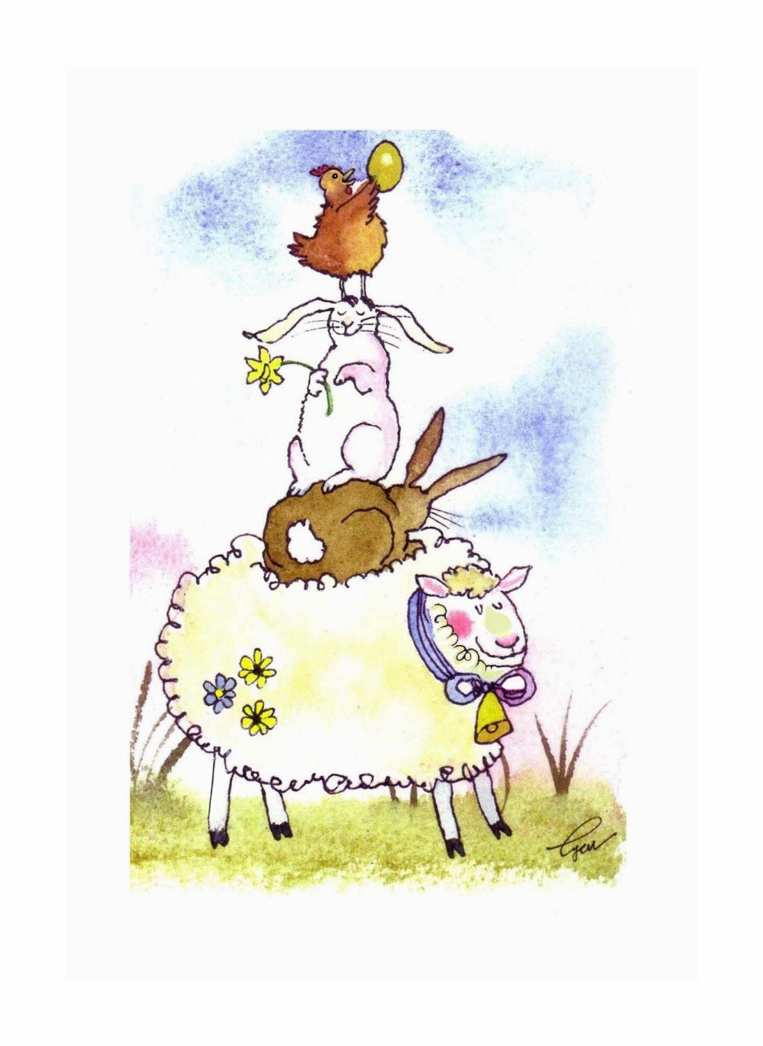 Funny Watercolor Animals Card -  Easter Card - Spring Greeting Card - Farm Animals Illustration Print - Chicken Rabbit Bunny Sheep Art