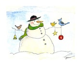 Snowman Christmas Greeting Card- Snowman Art- Winter Snowman Watercolor Painting Illustration Cartoon Greeting Card Print