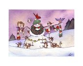 Snowman Greeting Card, Christmas Snowman Caroling Mice Winter Birds Happy Holidays Greeting Card Illustration Print