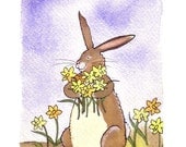 Daffodil Flowers & Funny Bunny Rabbit Card, Rabbit Art, Spring Greeting Card, Rabbit Watercolor Print 'Stop And Smell The Daffodils'