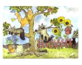 Cat Art, Funny Cats Greeting Card, Cat Watercolor Painting Print, Cat Illustration 'In The Garden Of Kitty Delights'