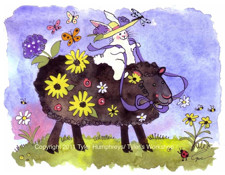 Sheep Greeting Card- Black Sheep- Bunny Rabbit Card- Summer Flowers Garden Illustration Watercolor Print