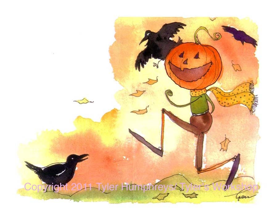 Halloween Card - Fall Autumn Running Pumpkin and Crows Greeting Card Watercolor Painting Halloween Illustration Print