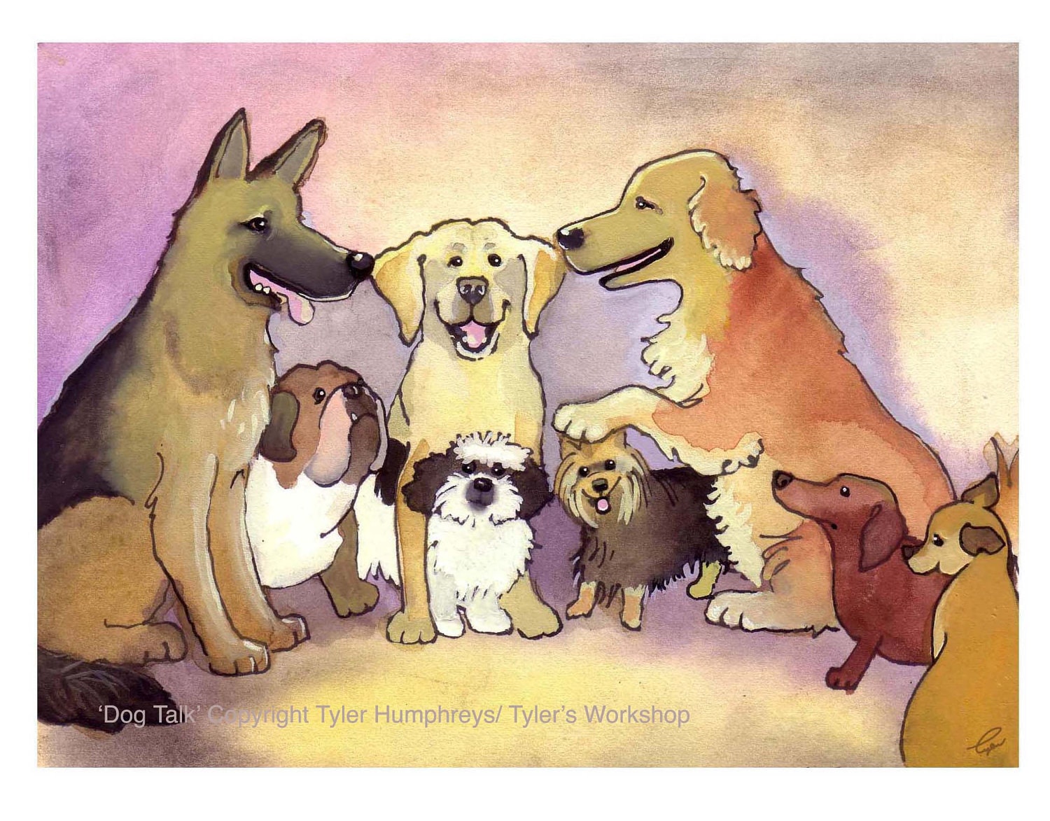 Dog Greeting Card- Golden Retriever German Shepherd Chihuahua Bulldog Labrador- Funny Dogs Watercolor Painting Illustration Print 'Dog Talk'