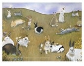 Bunny/ Rabbit Greeting Card - Bunny/ Rabbit Watercolor Painting Illustration Print Country Landscape