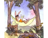 Rabbit Bunny Greeting Card- Funny Spring Summer Watercolor Card- Cartoon Illustration Print-'Siesta Bunny'