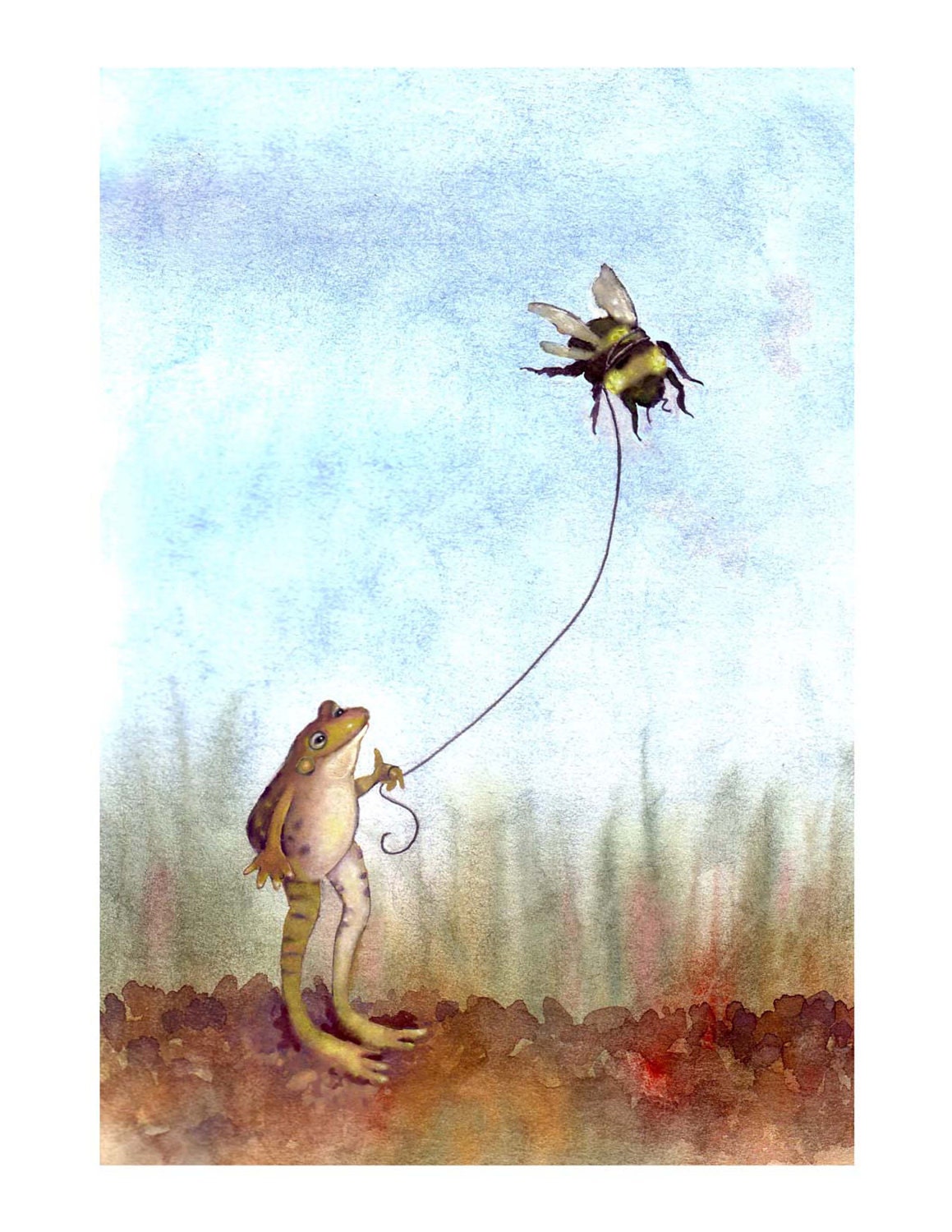 Frog & Bumblebee Print- Bee and Frog Art Watercolor Illustrationt- 'Go Fly A Bumblebee'