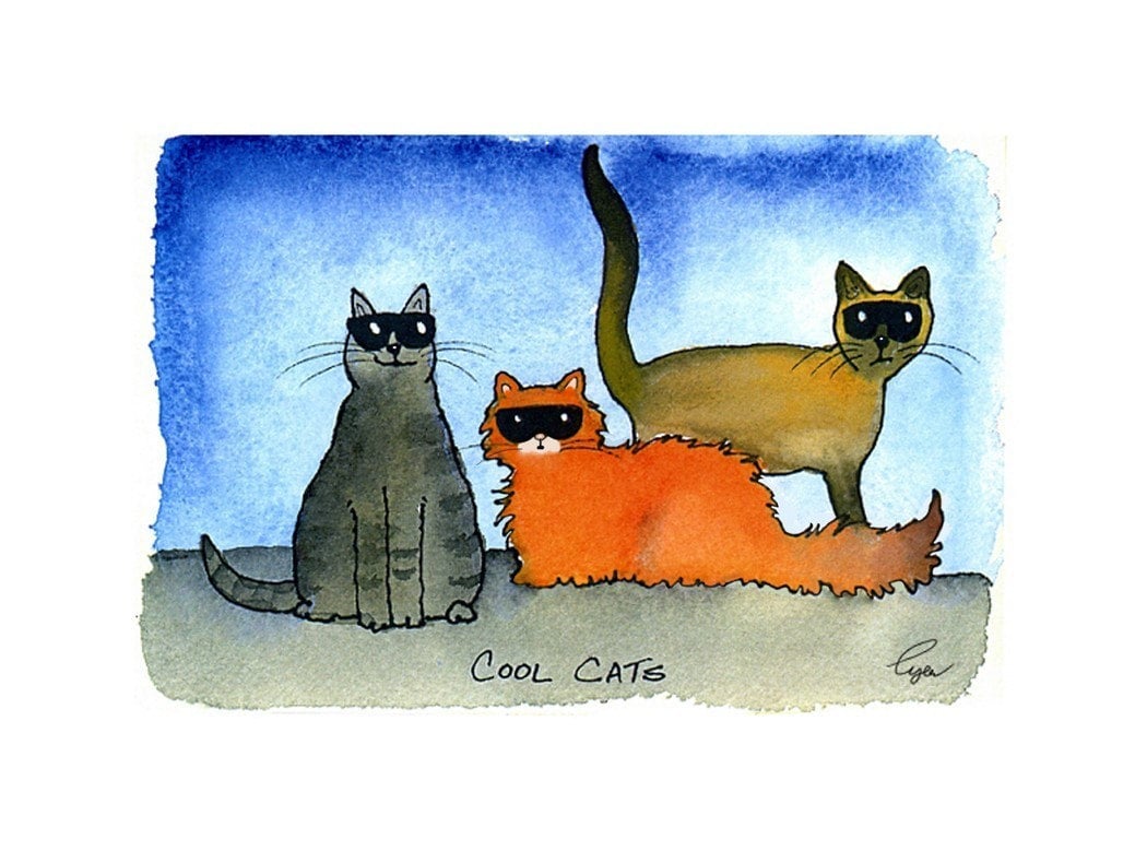 Cat Art, Funny Cat Painting Print, Cat Illustration/ Cartoon, Cats Greeting