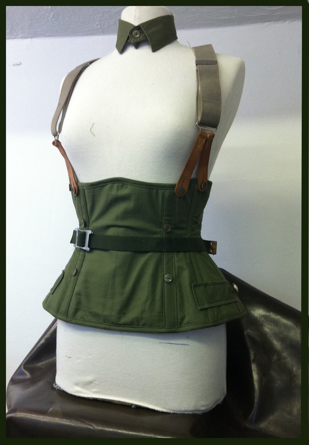 Steel boned military under bust buckle corset OAK