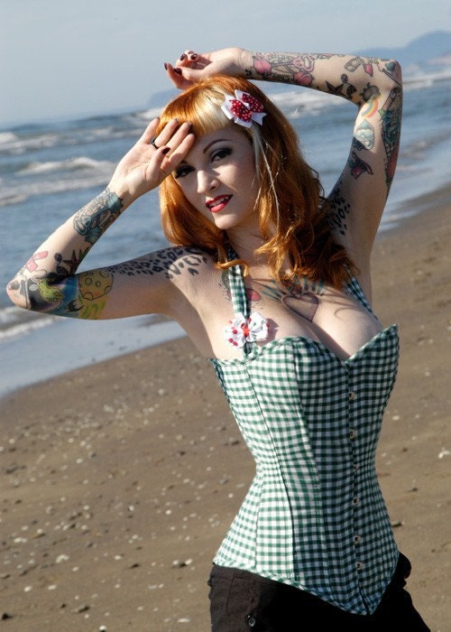 Retro gingham pin up steel boned corset