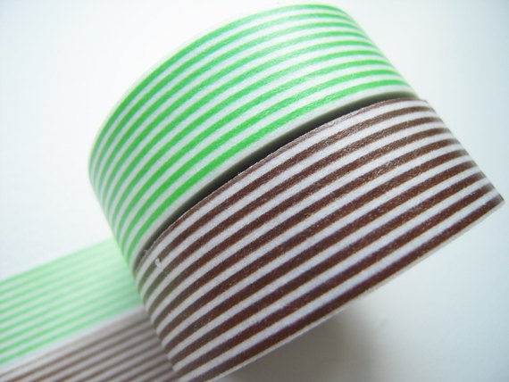 MT 2012 - Japanese Washi Masking Tapes / Green and Brown Stripes for packaging, party deco, card making