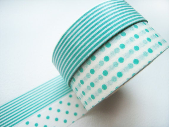 Discontinued-Japanese Washi Masking Tapes / Turquoise Polka Dots & Stripes for Parties, Announcements, Showers (15m Long, 50 percent more)
