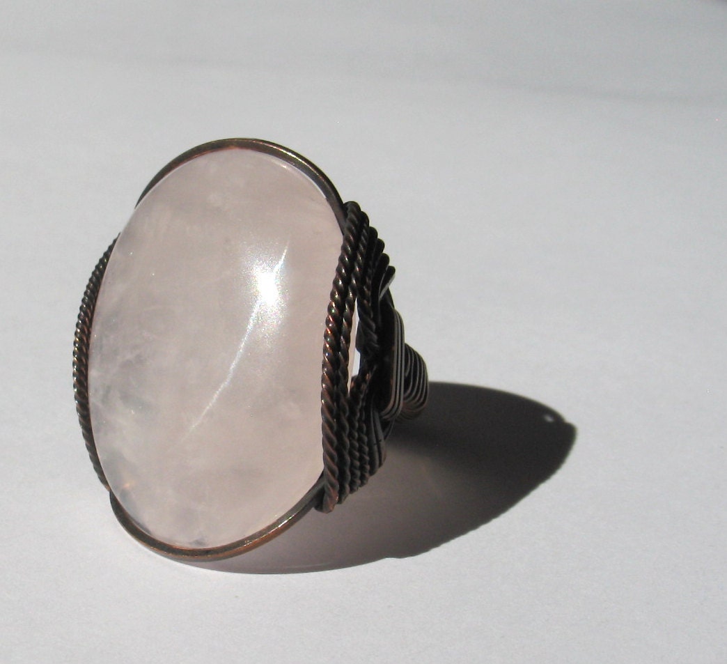 Rose Quartz Ring, Large Pink Ring, Glowing Pink Stone, Oxidized Copper, Handmade Ring, Petal Pink, Pink Cocktail Ring, Natural Quartz