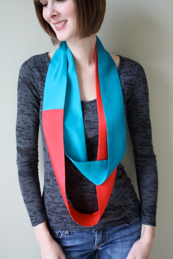 Spring Cleaning Sale: 75% off Turquoise and Red Color Blocked Silk Scarf