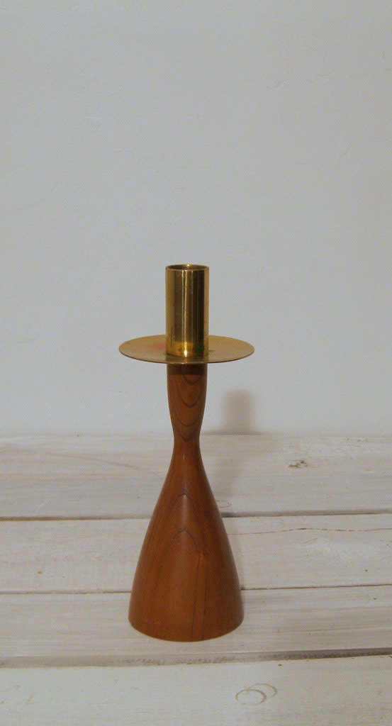 Teak Wood and Metal Candlestick