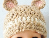 Baby Bear Beanie Handmade Crocheted Tan and Creme Hat with Ears By Distinctly Daisy