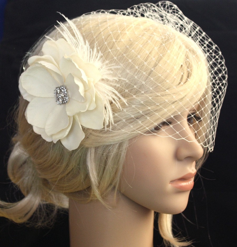 Birdcage veil  Blusher  and Bridal Fascinator Vintage inspired Russian netting veil hair flower feather - Emily