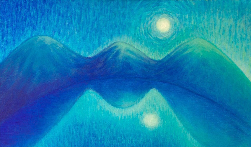 Large Blue Painting Acrylic Landscape Serene Mountain Water Moon 14 x 24 inches titled "Vibrant Serenity"