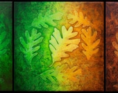 Large Abstract Nature Oak Leaf 12 x 36 Green Yellow Gold Brown Oak Leaf Triptych