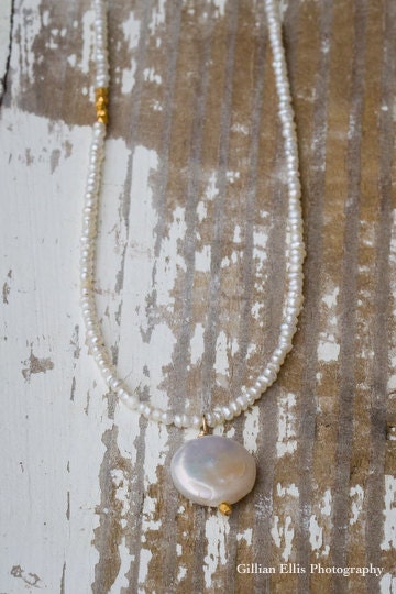 Bridesmaids Custom Seed Pearl Necklace with Gold Bead Accents and Coin Pearl Pendant