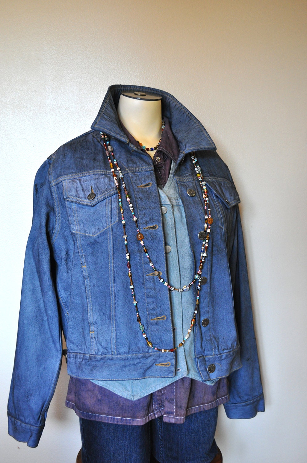 Denim JACKET - Pewter Blue Hand Dyed Upcycled Repurposed Eclectic Style Arizona Denim Jacket -  Womens Size Large (40 chest)