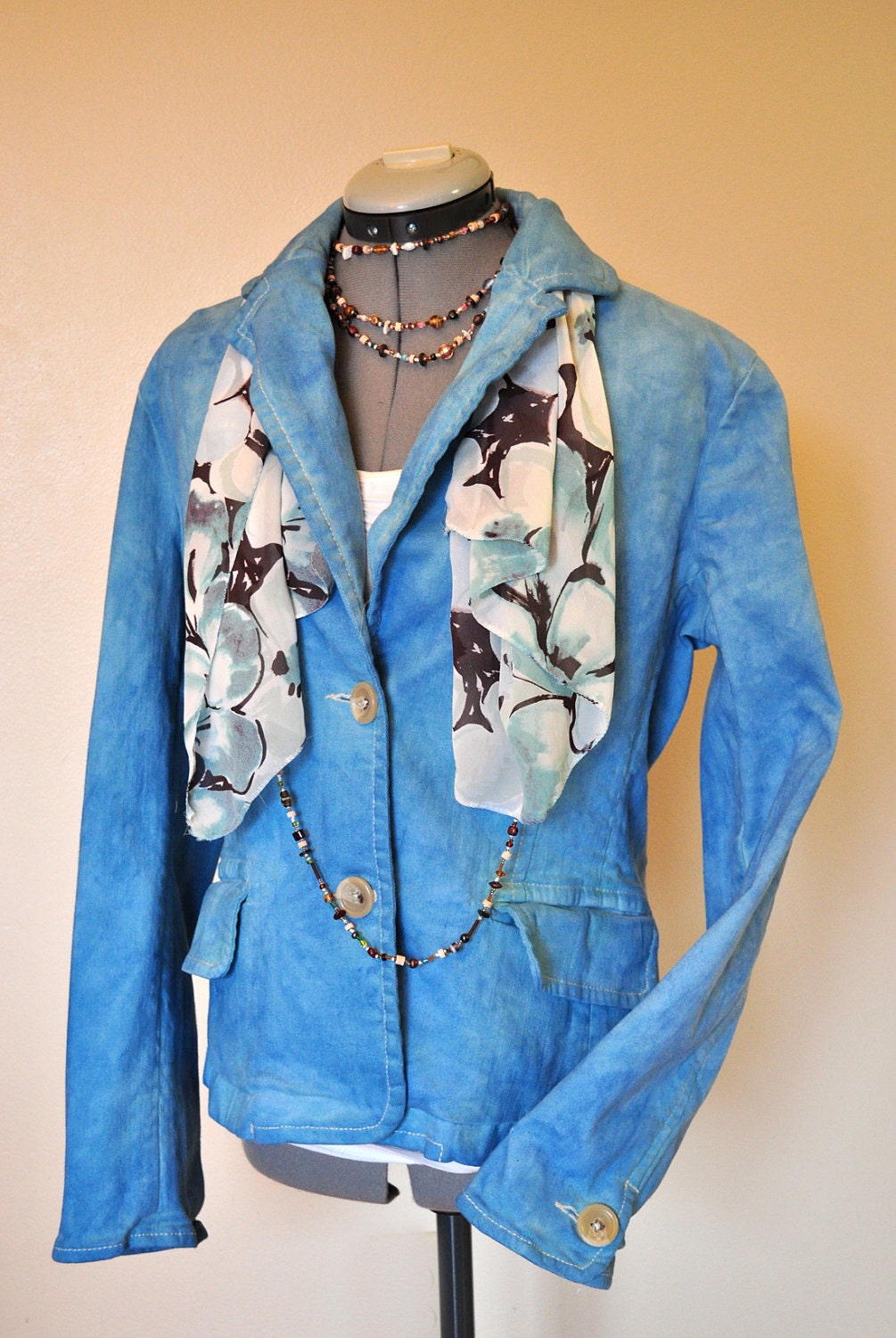 Denim JACKET - Aquamarine Blue Green Hand Dyed Upcycled Repurposed Banana Republic Denim Jacket - Womens Size Large (40 chest)