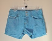 DENIM SHORTS - Hand Dyed Turquoise Urban Style Denim Lo Rise Eyelet Studs Vintage Shorts -  Size 6 (32)