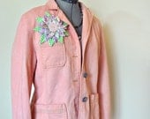 Colored Denim JACKET  - Coral Pink Hand Dyed Upcycled Gap Denim Blazer Jacket - Womens Size Large (40 chest)