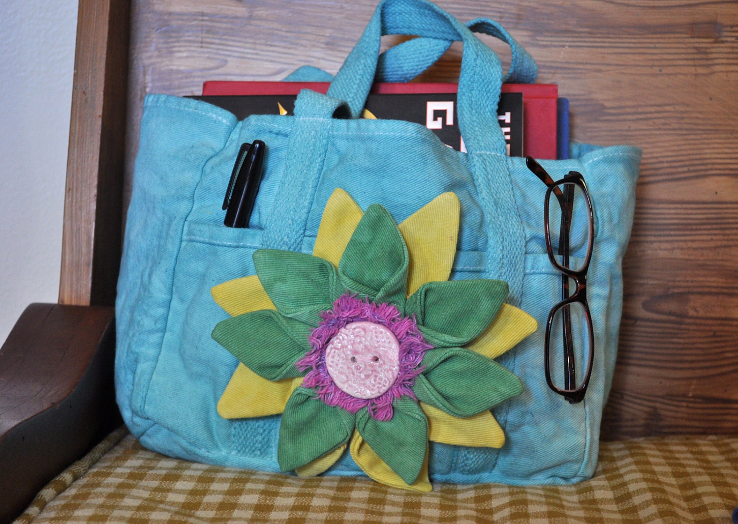 Aqua Dyed Canvas Flower TOTE - Hand Dyed Upcycled Canvas Tote Handbag Purse Garden Book Knitting Bag with Decorative Fabric Flower