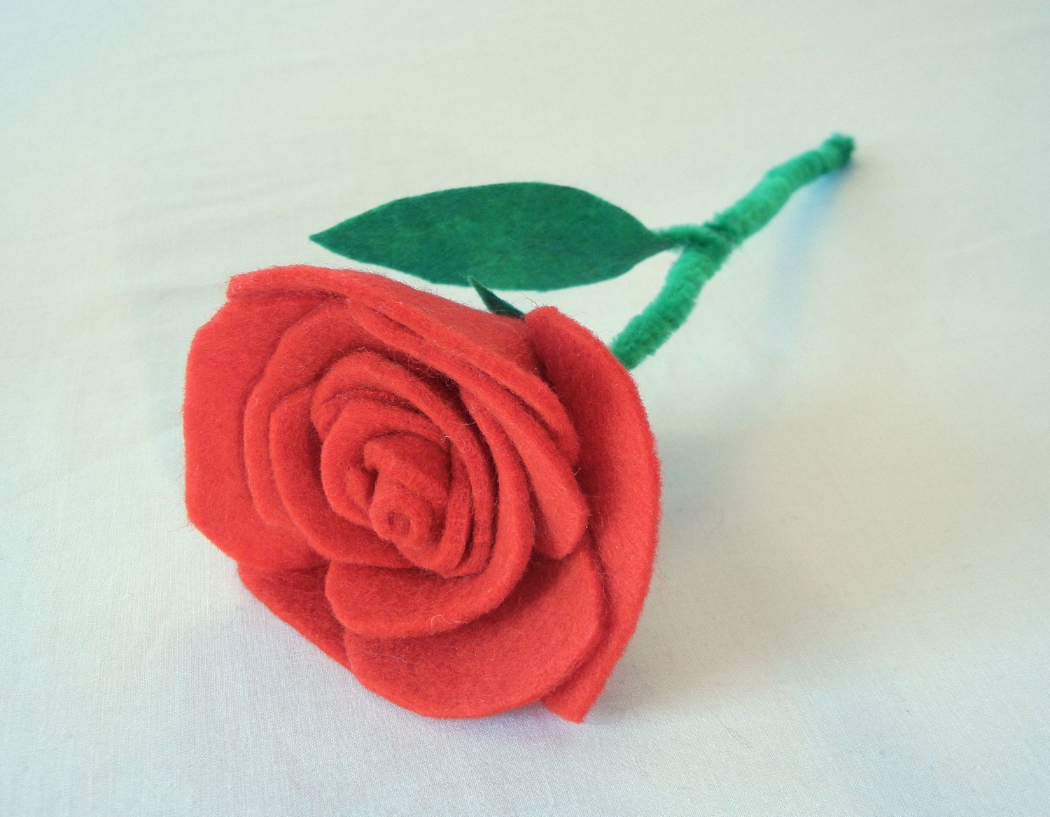Red Rose Felt Sculpture, Romantic Long Stem with Leaf, Handmade Novelty
