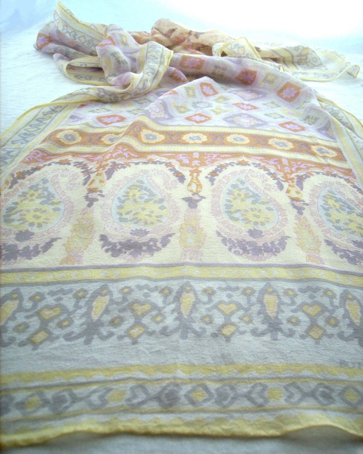 G. Botticelli Designer Scarf, Silk Chiffon Ikat Pastel Persian Print Vintage Accessory
