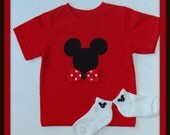 SALE-Red Mickey Mouse Tee Shirt for Boys with Removable Bow Tie AND Mouse Button Socks...1st Birthday,Disney Vacation-Size 12 mos.