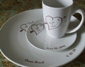 Bridal China, Dishes, personalized gift, Place setting, wedding gift, anniversary gift, dinnerware, hearts,mugs, plates, (3 Pieces)