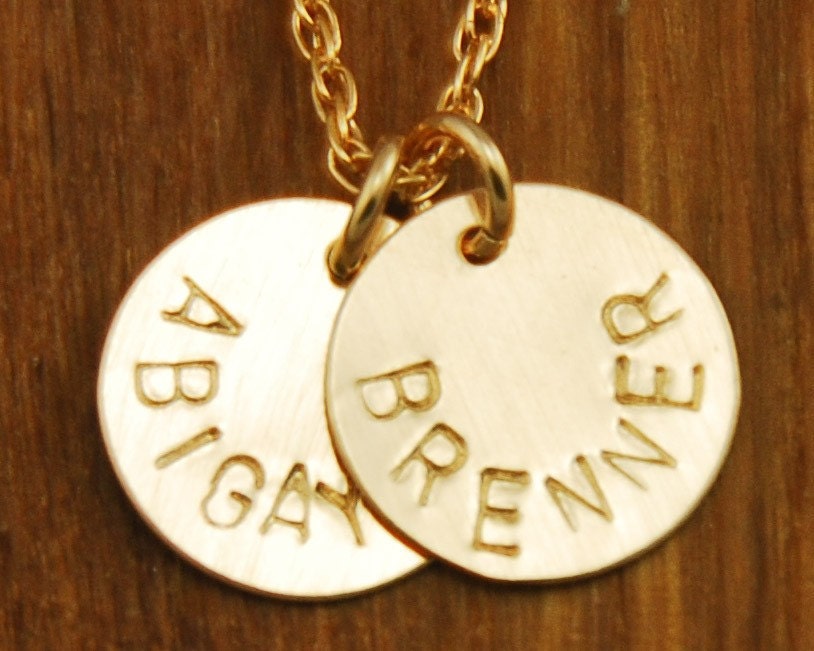 Personalized Handstamped Mom Necklace - Gold Childrens Names Charm  2 Disc Necklace