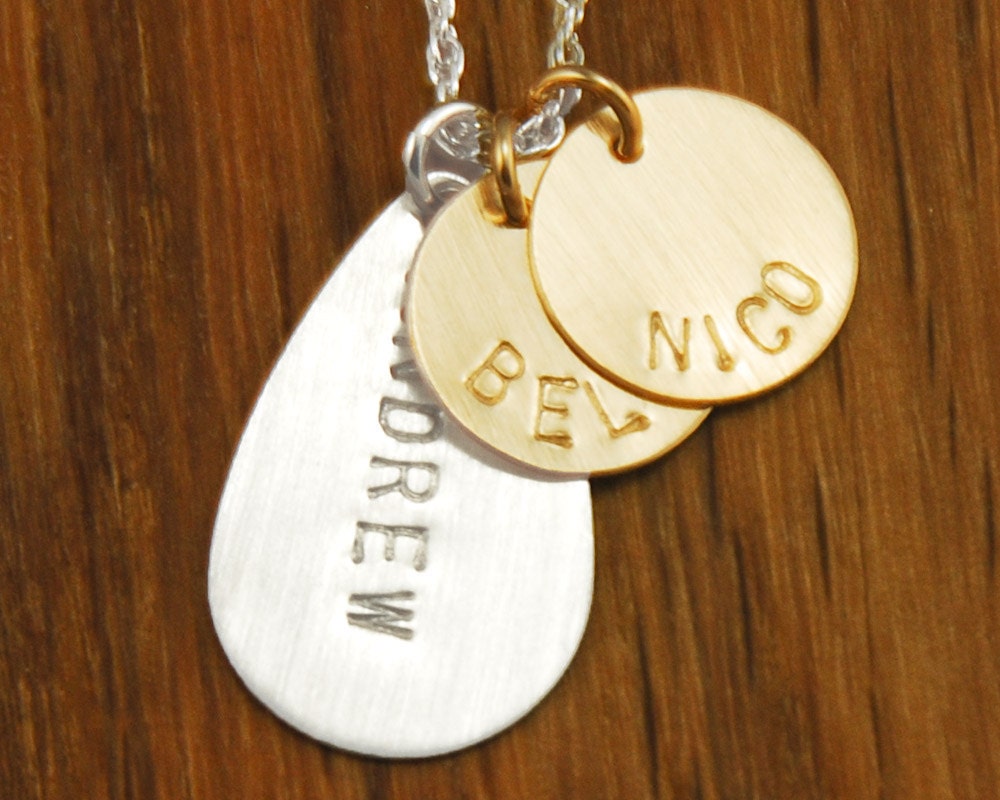 Personalized Childrens Names Mom Necklace - Mixed Metals Hand Stamped Custom Charms Sterling Silver & Gold Circle Disc Mommy Necklace