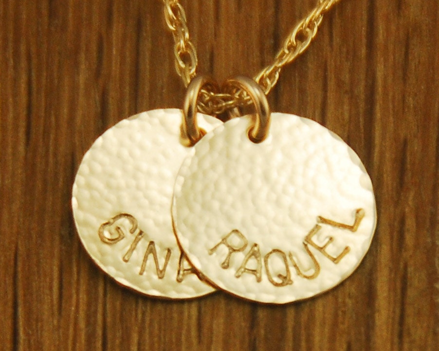 Handstamped Personalized Gold Mom Charm Necklace Kids Names - 2 Custom Gold Discs Childrens Names