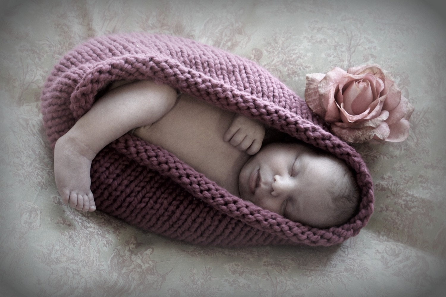 Newborn Pod Bowl, Hand Knit Pink Baby Photography Prop
