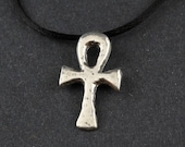 Ankh Sterling Silver Necklace on Black Satin Cord