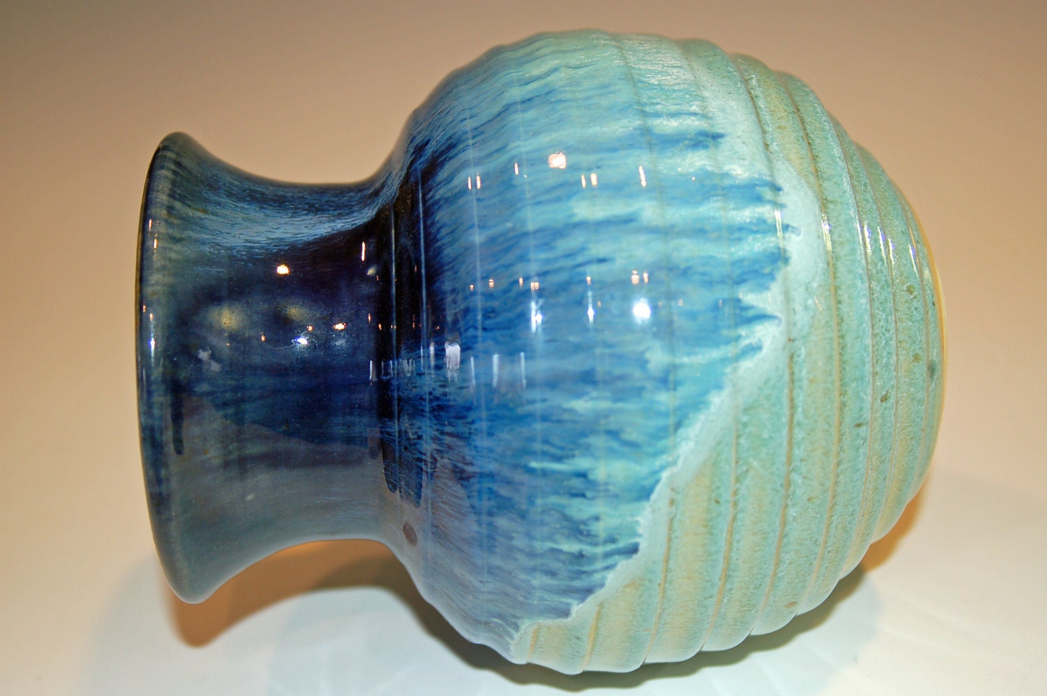 Ridged Pottery Vase with Blue and Green Glaze
