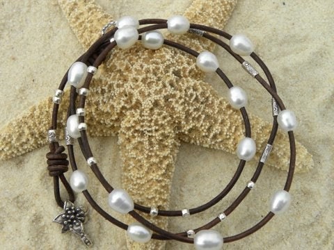 Leather, Pearls and Sterling Silver Wrap Bracelet/ Necklace