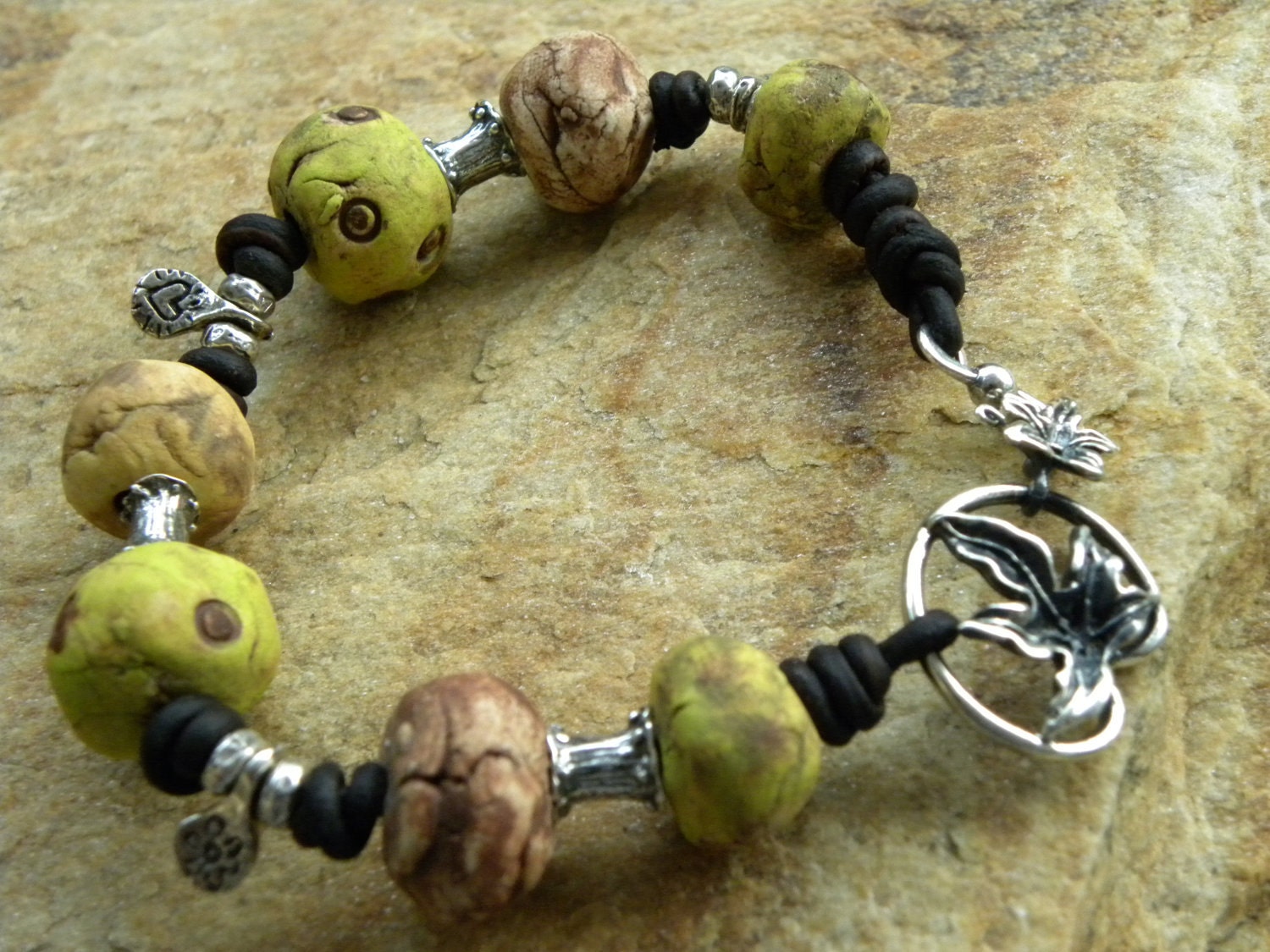 Leather, Artisan Sterling Silver and Ceramic Beads Bracelet - The Fig Tree