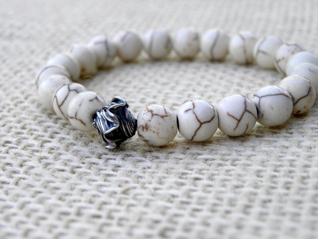 White Turquoise and Oxidized Sterling Silver Focal Bead Bracelet Stretch Elastic Beaded Stacking