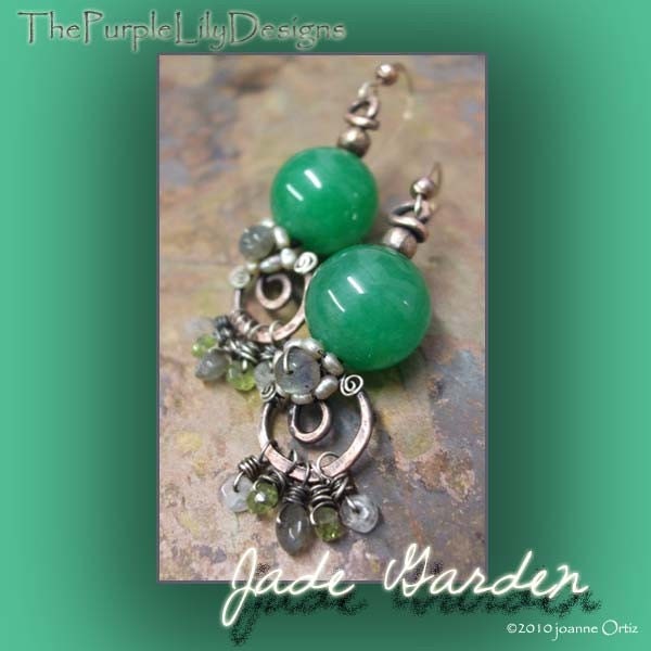 Jade Garden, Jade, Copper, Sterling Silver, Peridot, Moonstone, Pearls, and Labradorite earrings, ThePurpleLilyDesigns