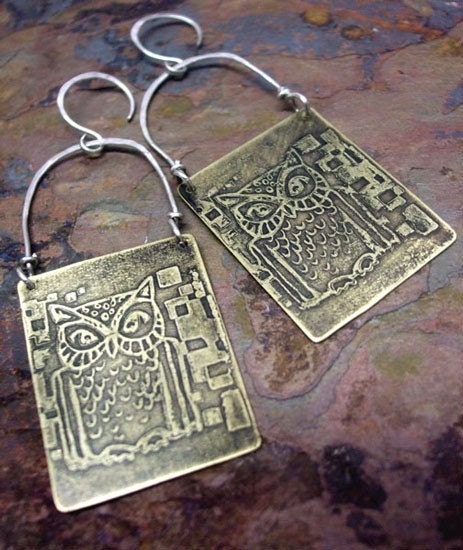 Hoot Hoops, Antiqued Brass and Sterling Silver, ThePurpleLilyDesigns