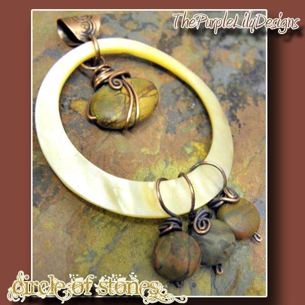 Circle of Stones, Shell, Picasso Jasper, and antiqued Copper pendant, ThePurpleLilyDesigns