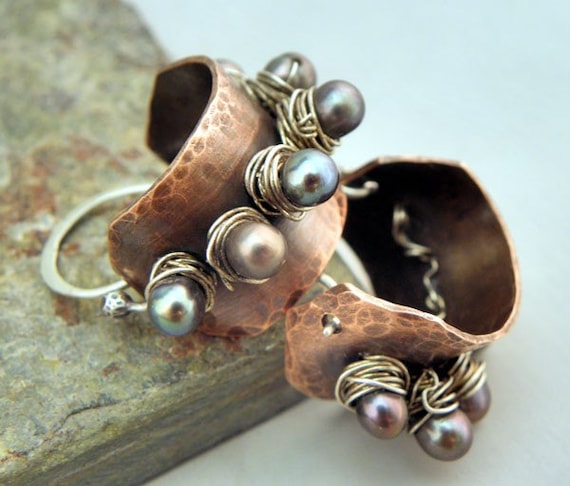 4 pr. Left, Studded Pearl Hoops, Copper, Sterling Silver, and Pearl earrings, ThePurpleLilyDesigns, SOON TO RETIRE