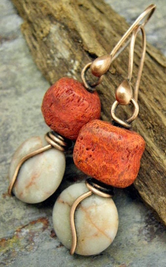 Naturally Red, Coral, Marble, and Copper Earrigns, ThePurpleLilyDesigns