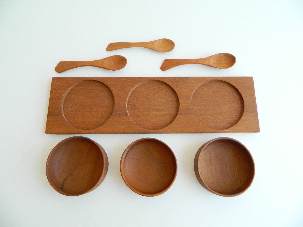 Danish modern wood condiment tray with bowls and spoons 7 piece set