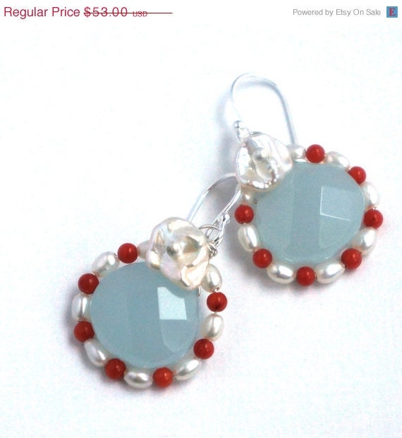 aquamarine, fresh water pearl, keshi pearl and coral 'maritime' earrings