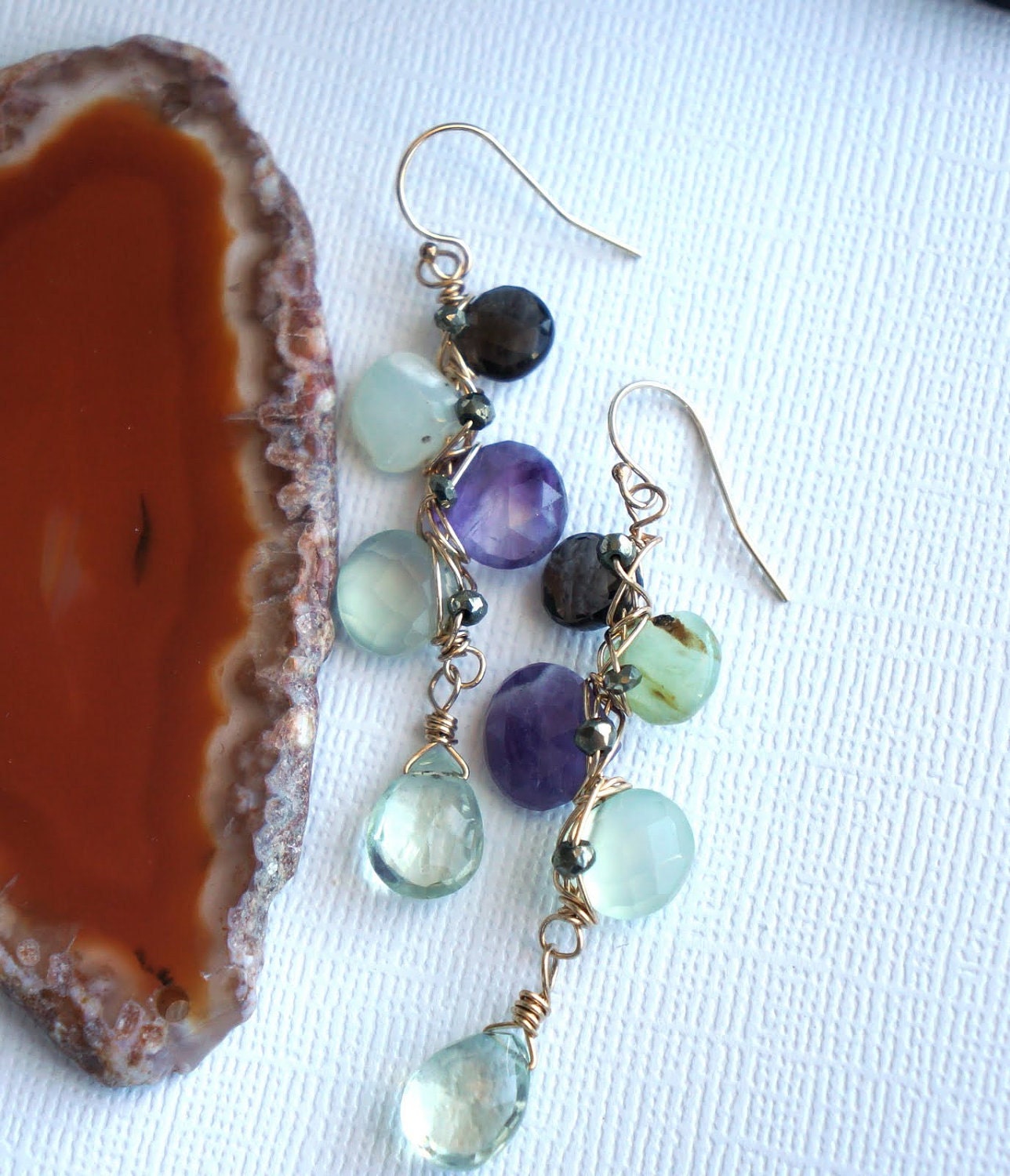 14K GF, smoky quartz, faceted amethyst, faceted chalcedony, smooth peruvian opal, pyrite and faceted prasiolite earrings- 'reef' earrings